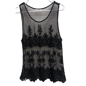 Renjo Fairy Grunge Tank Top Womens Size Large Black Sheer Mesh Embroidered